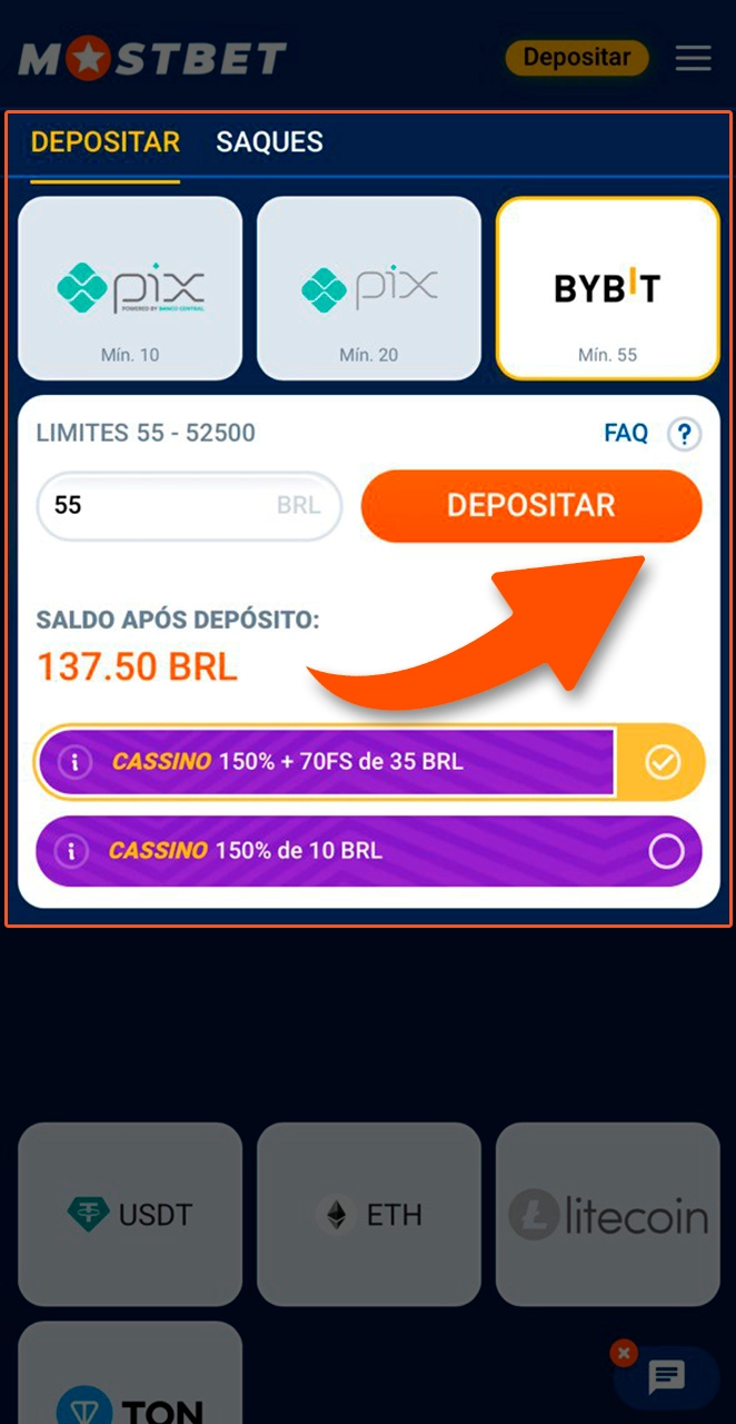 Recarregue sua conta usando um método conveniente para receber um bônus da Mostbet.