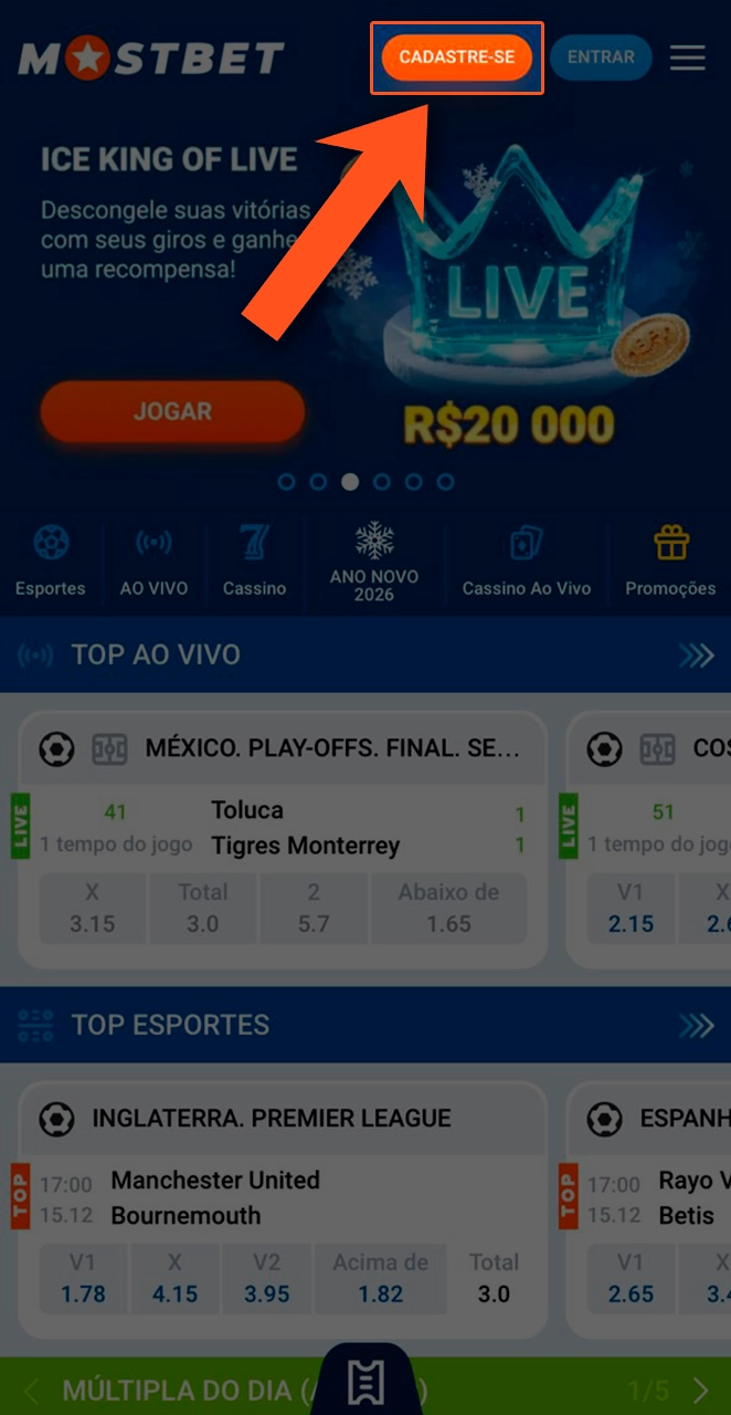 Para prosseguir com o cadastro, clique no botão na página da Mostbet.