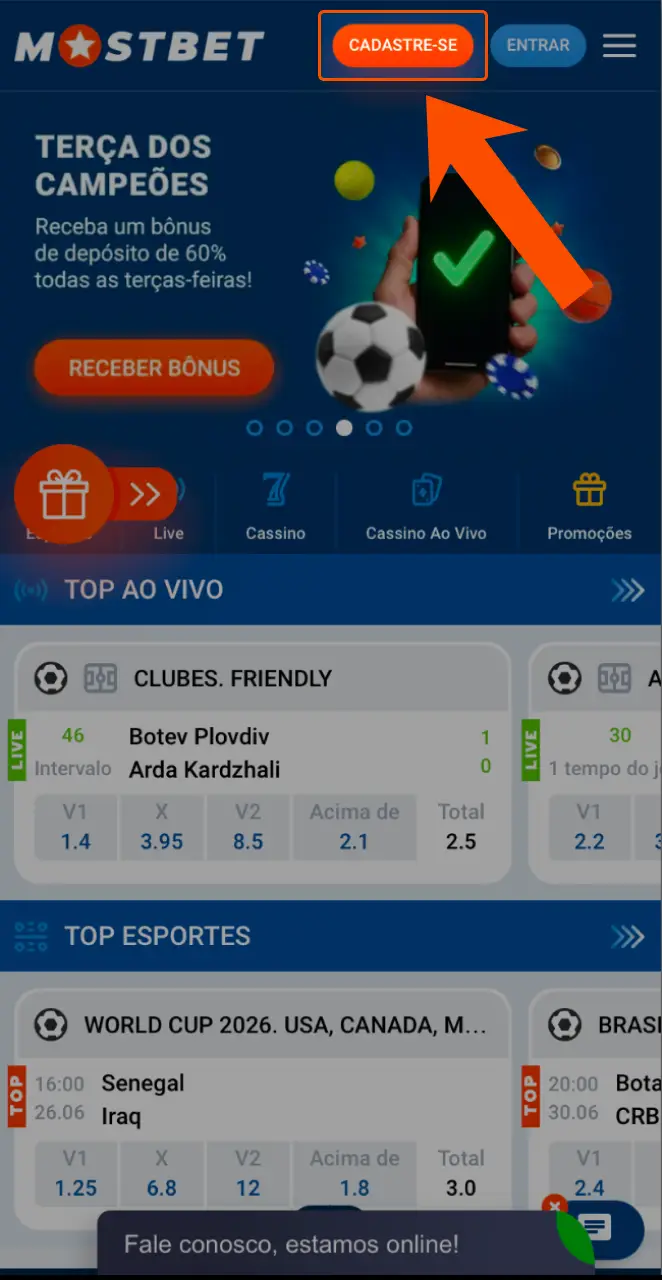 Abra a aplicação Mostbet no seu telemóvel para iniciar o registo.