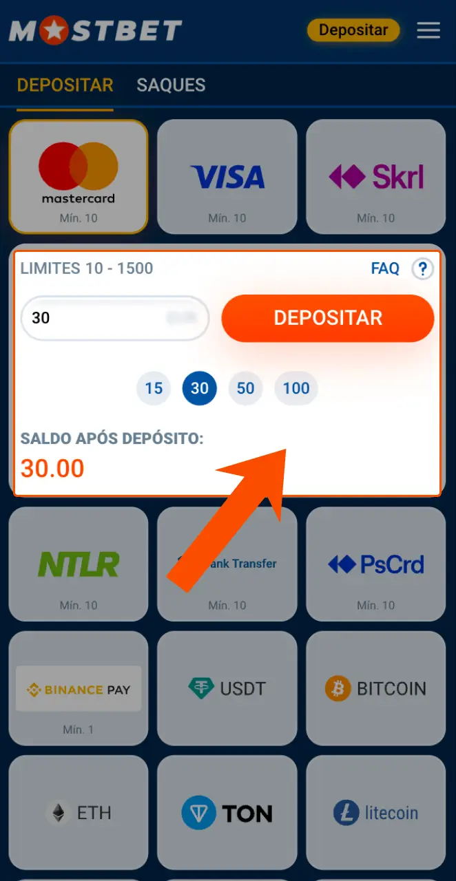 Realize o seu primeiro depósito na aplicação Mostbet e faça apostas.