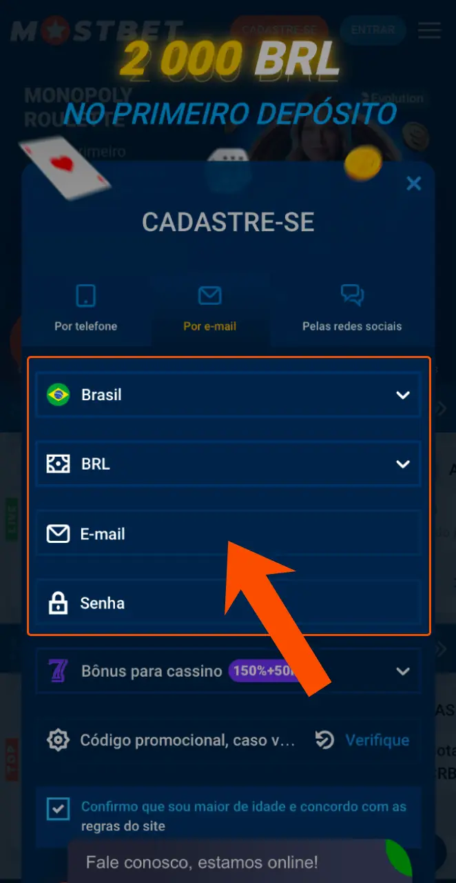 Introduza os dados requeridos no formulário da aplicação Mostbet com atenção.
