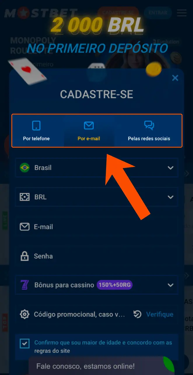 Escolha o melhor método para criar uma conta na aplicação Mostbet.